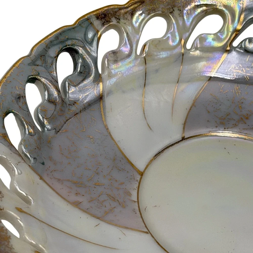 Vtg Lustreware Iridescent Footed Teacup and Reticulated Saucer Set Gold Trim